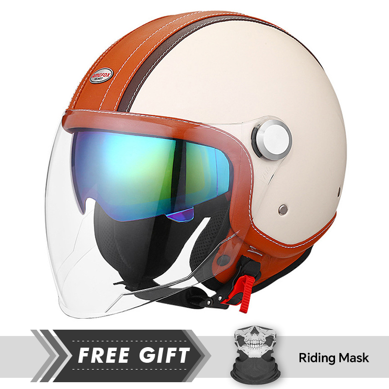 Motorcycle Gear In Store - ホワイトオレンジオリジナルオープンフェイスオートバイヘルメットダブルバイザー男女兼用DOTジェットモトヘルメットダウルレンズ付き電動スクーター